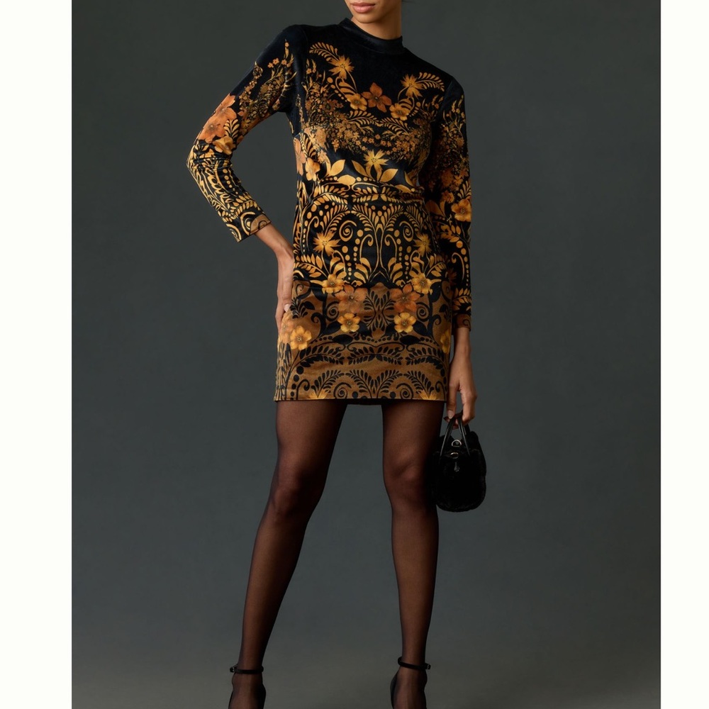 Anthropologie Black and Gold Patterned Dress